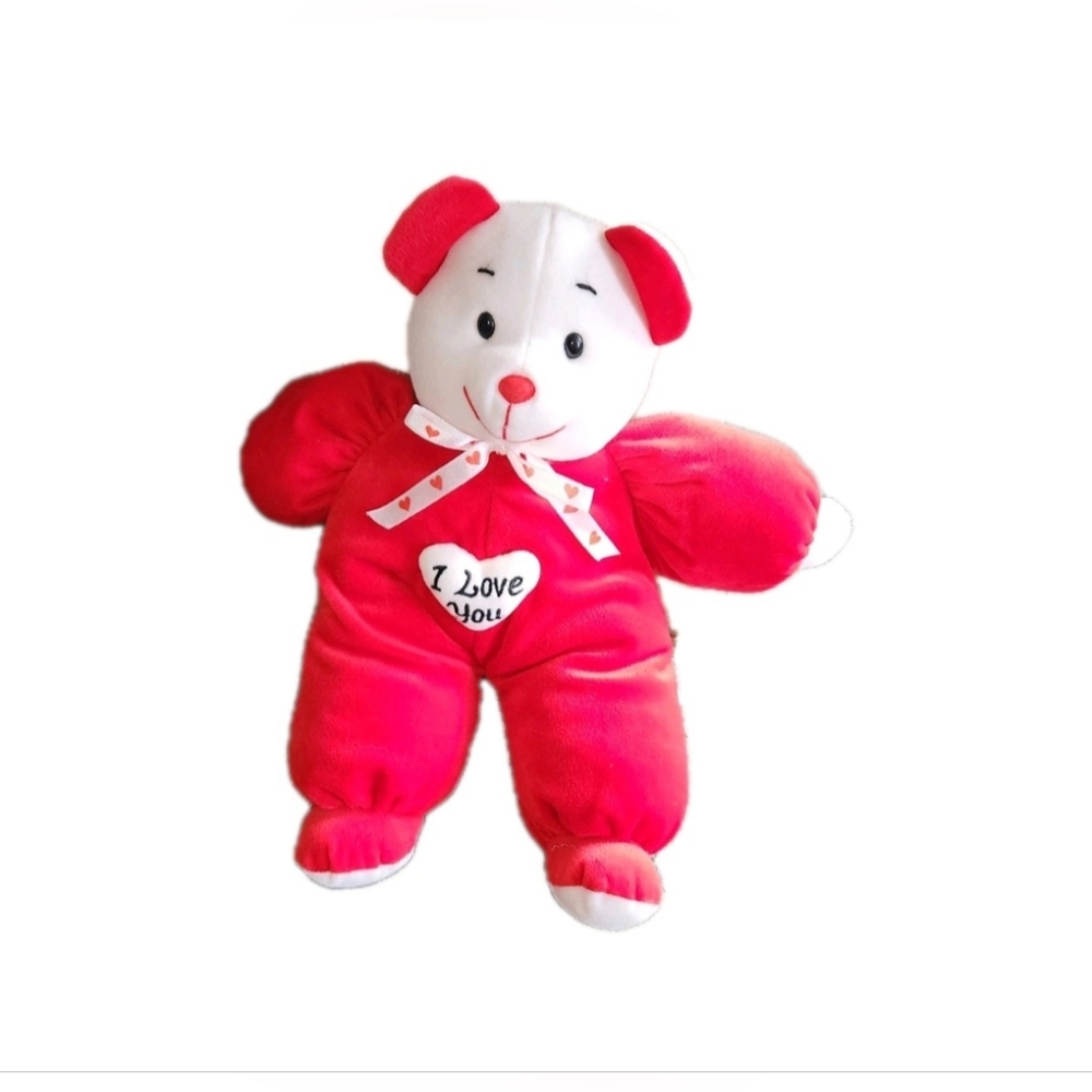 Vtg Plush Teddy Bear PJ Toys Red Velour I love you Heart Bow‎ 13" Pajama Stuffed
